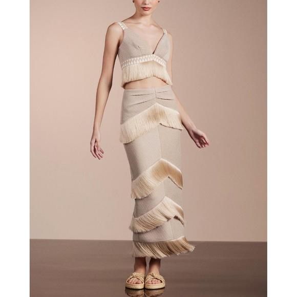 NEW PATBO metallic knit maxi skirt with fringe trim in clay - Picture 3 of 4